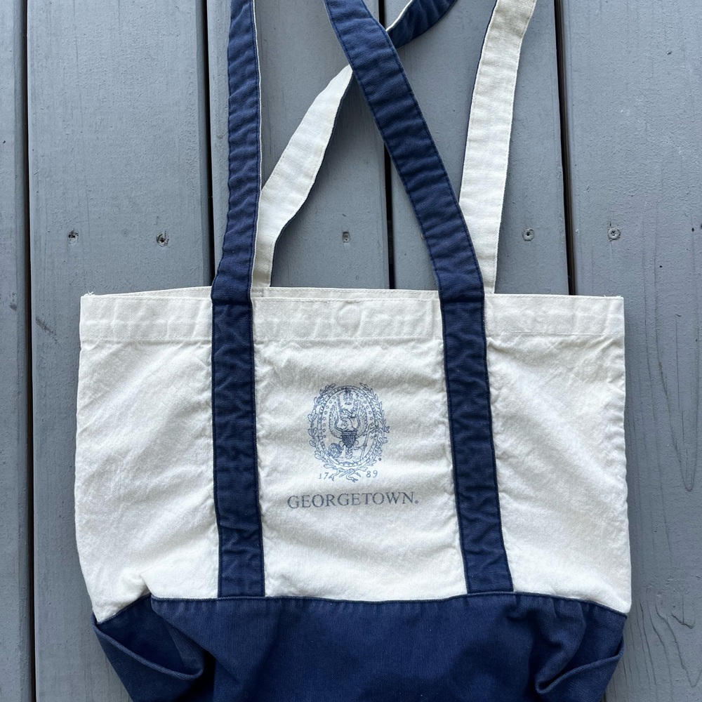Vintage Georgetown University Beach Tote Bag Cotton Canvas Hoyas Navy Blue White